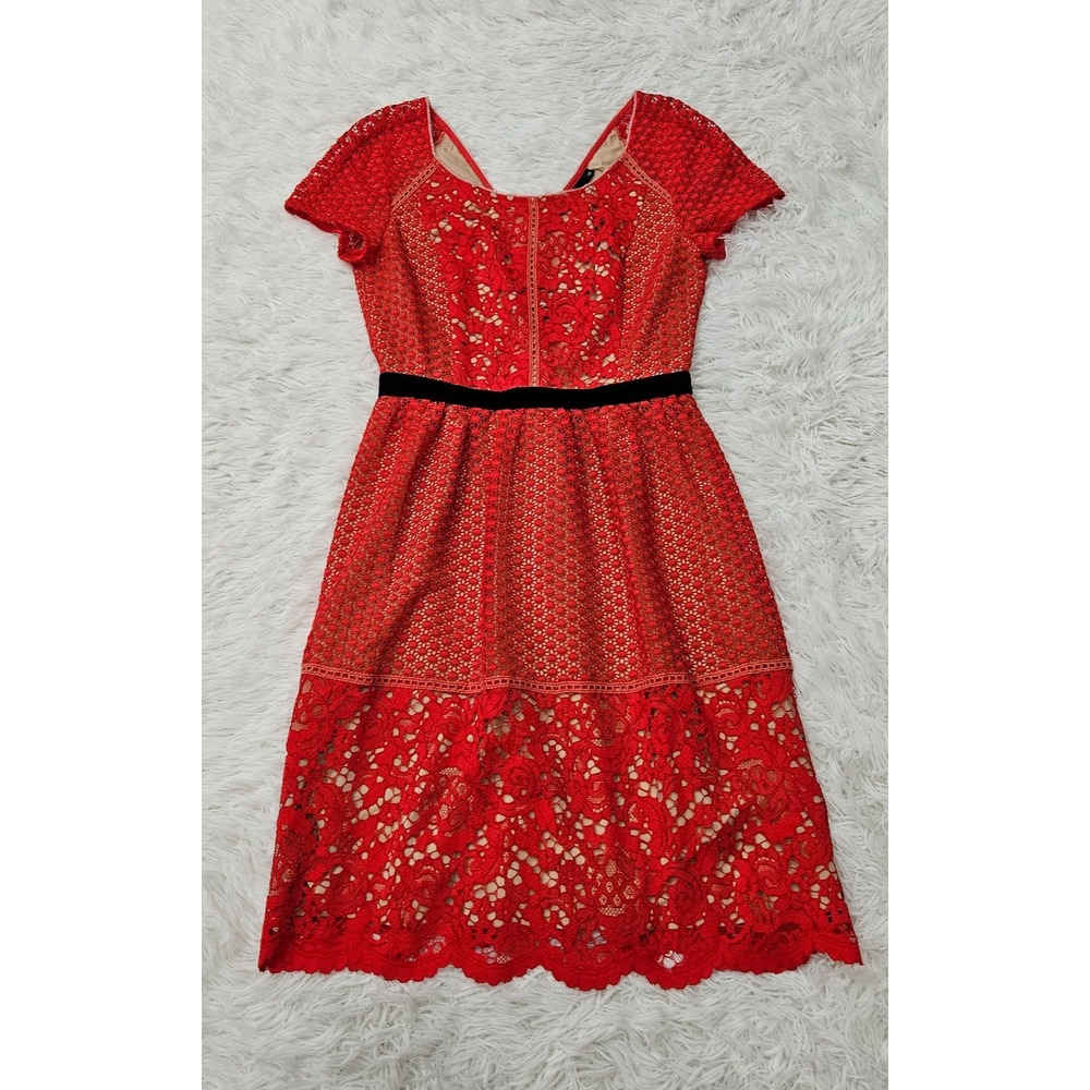 iROO Red Eyelet Lace Romantic Chic Sophisticated Fit &‎ Flare Midi Dress Sz 4